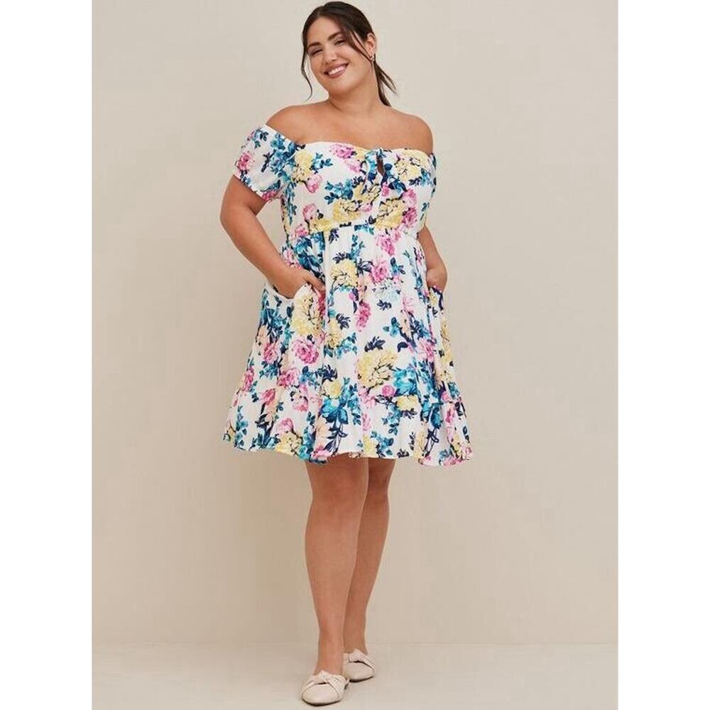 Torrid Colorful Floral Mini Gauze Puff Sleeve Skater Dress Plus Size 2X Boho